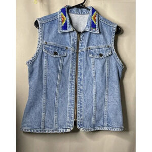 Sun Belt Women’s Size Small Denim Beaded Collar Vest Full Zip Aztec Vintage 90S‎